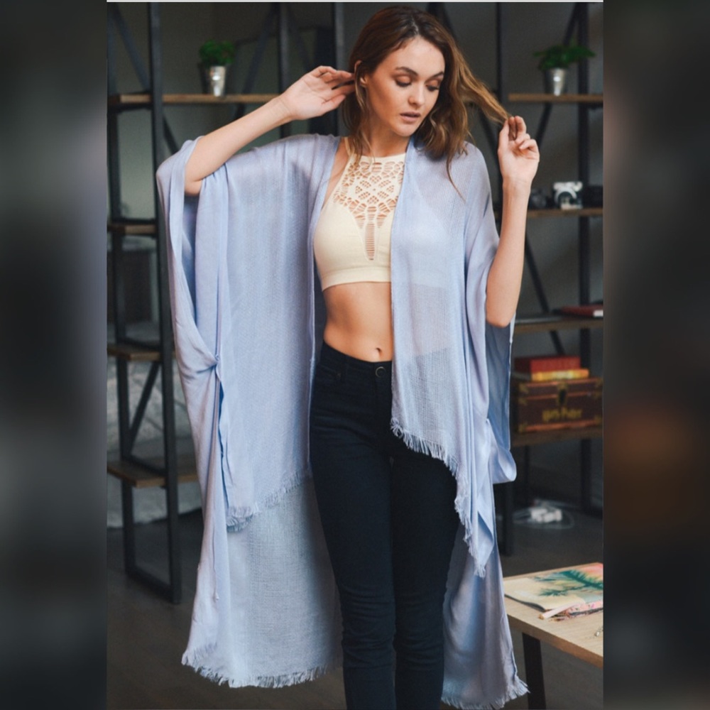 New Chic Soft High Low Fray Trim Kimono Cardi - Picture 2 of 5